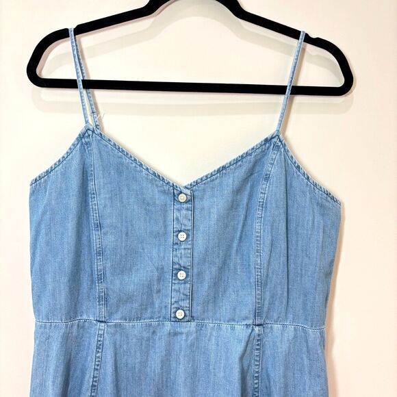 Gap Blue Chambray Denim Strappy Mini Dress 12 Smocked Fit Flare Sweetheart City - Picture 2 of 9